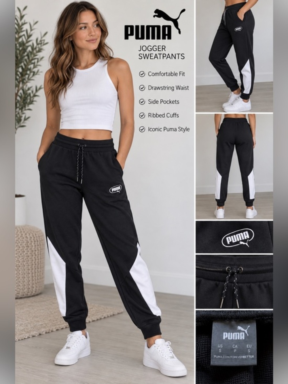 Puma Black White Colorblock Jogger Sweatpants Size Small